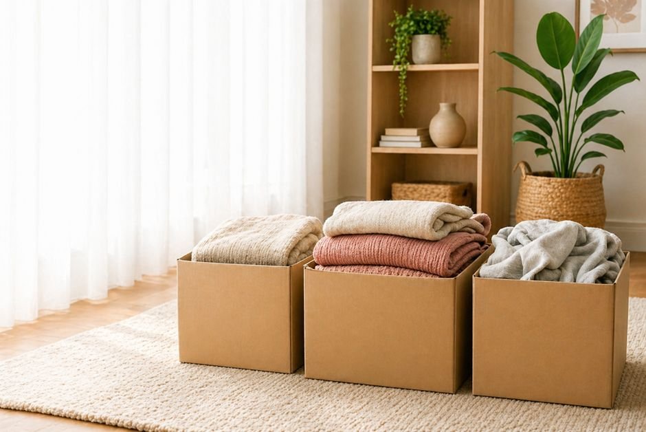 Boxes of folded clothes and household textiles ready to be decluttered