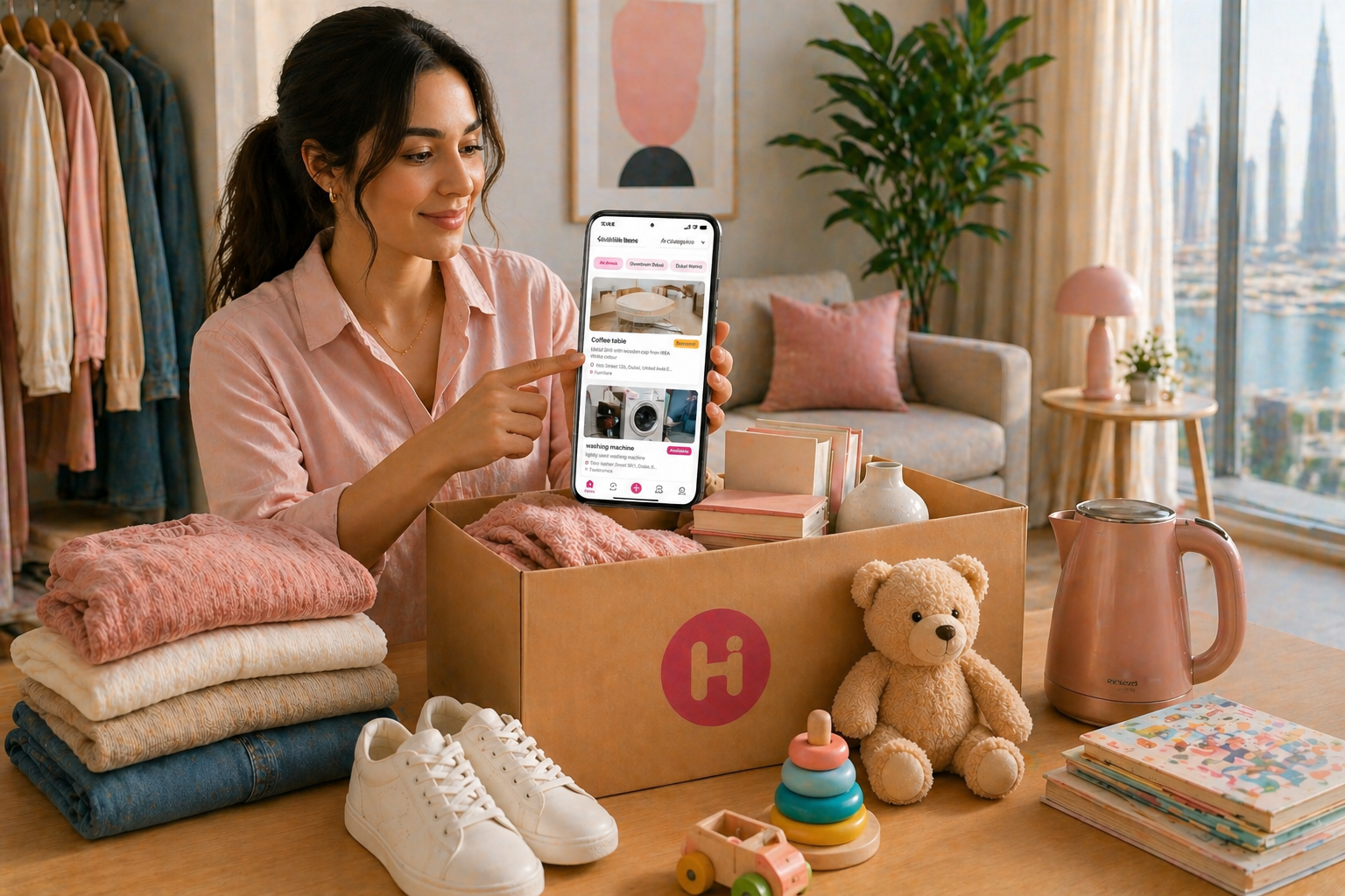 Person listing reusable household items with the Hiiba app