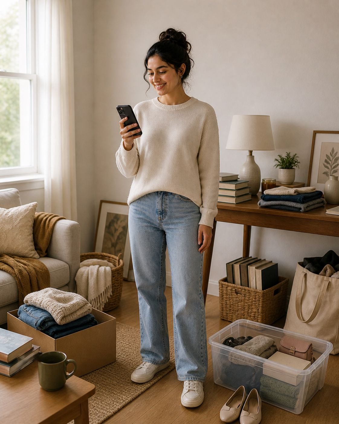 Person sorting reusable household items at home while using a phone