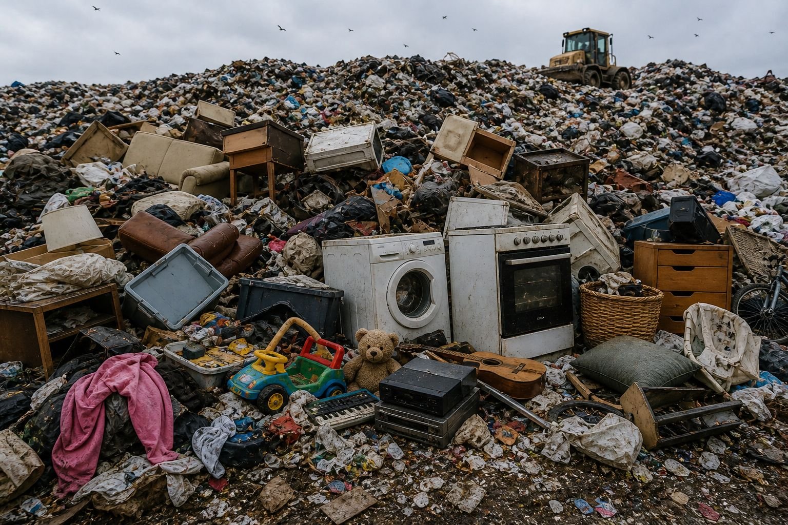 Reusable household items and furniture discarded in a landfill